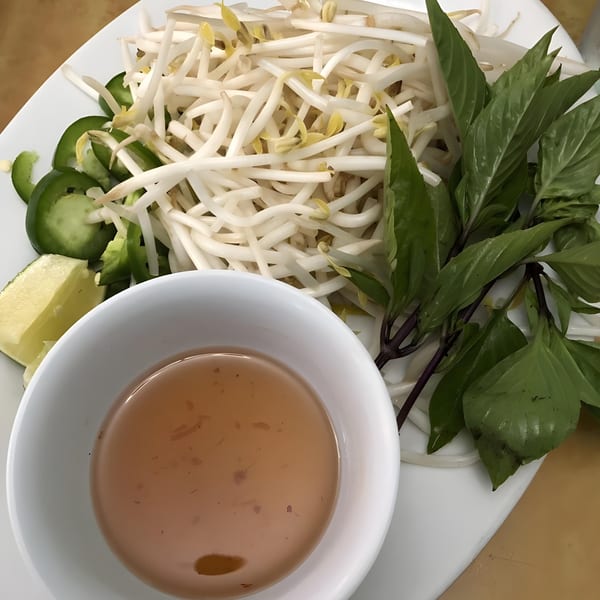 A white plate with bean sprouts, basil, sliced jalapeños, lime wedges, and a bowl of sauce.
